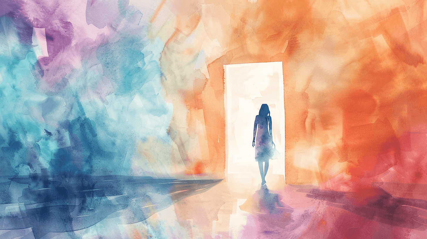 Woman stepping through a doorway from dark to light