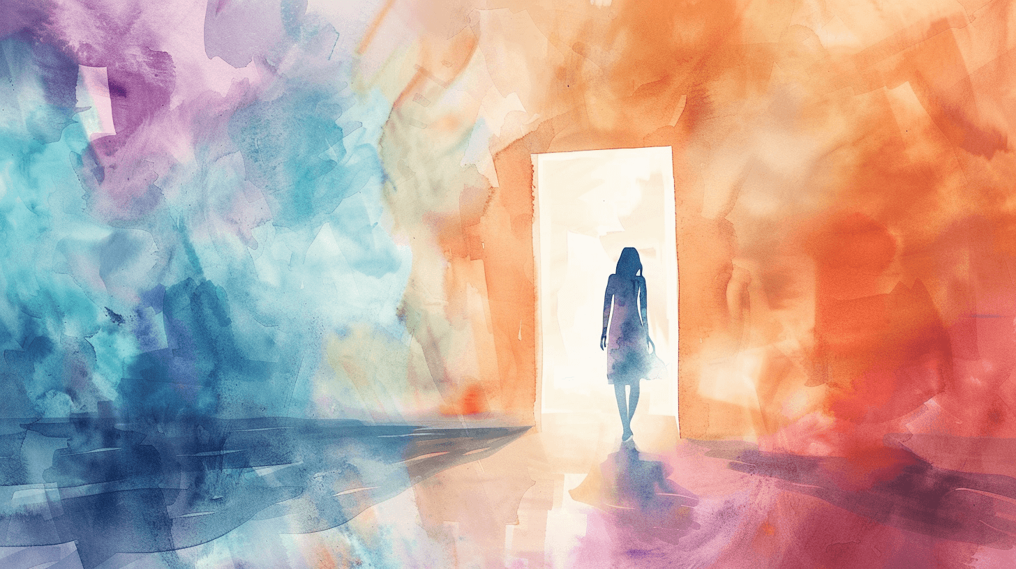 Woman stepping through a doorway from dark to light