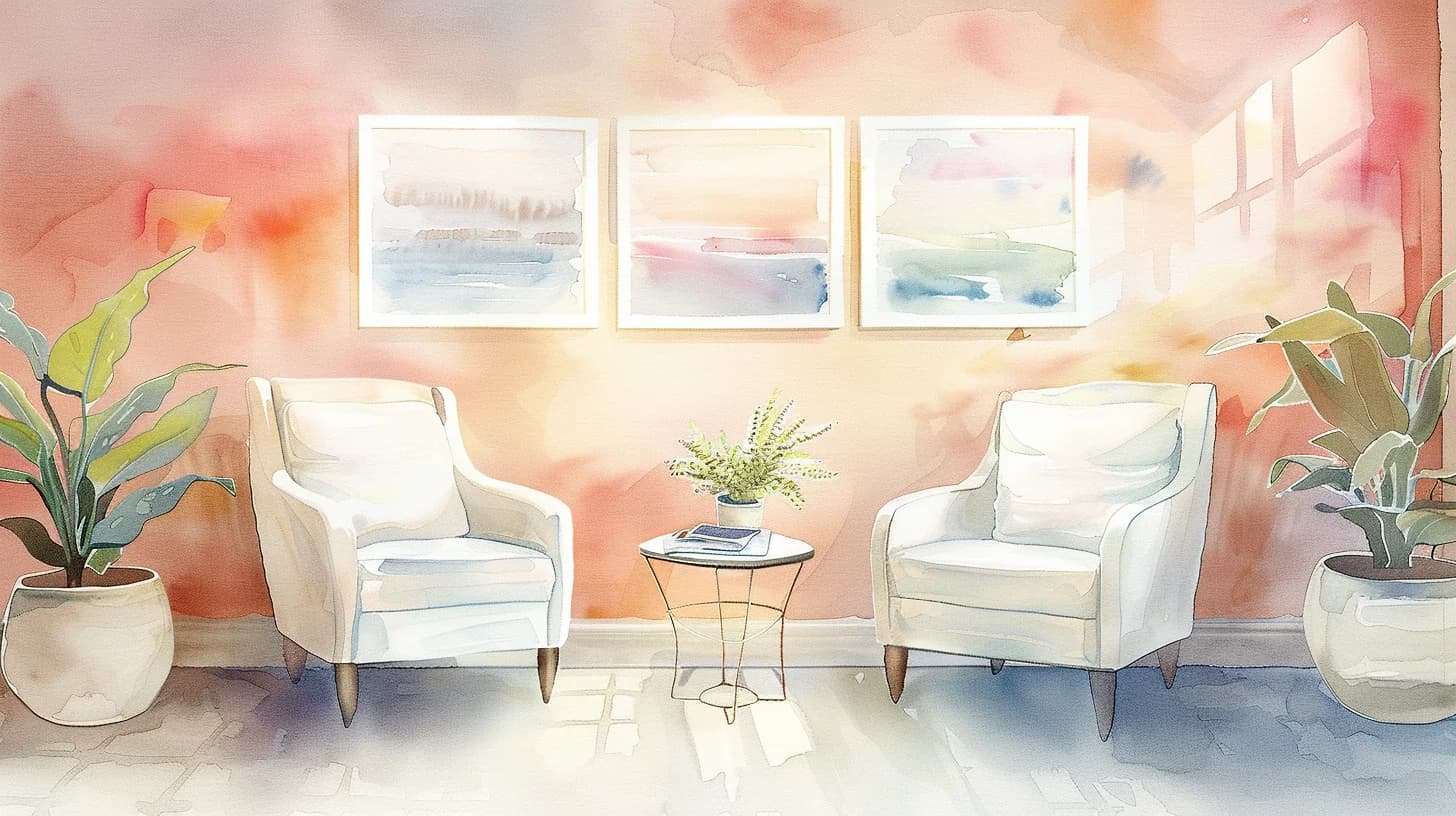 Watercolor of a calming therapy office