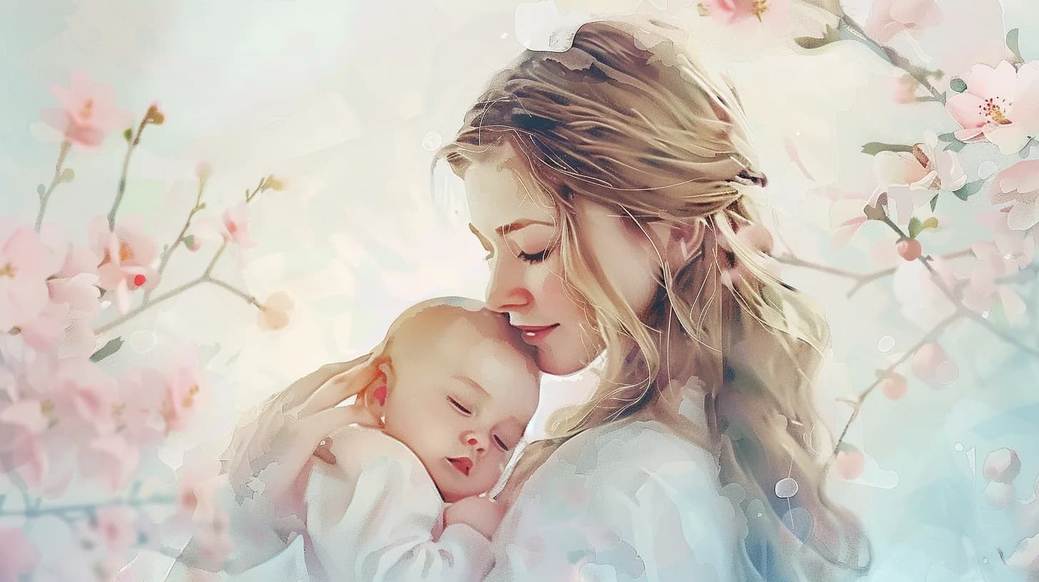 Watercolor of a mother holding her baby in a peaceful nursery