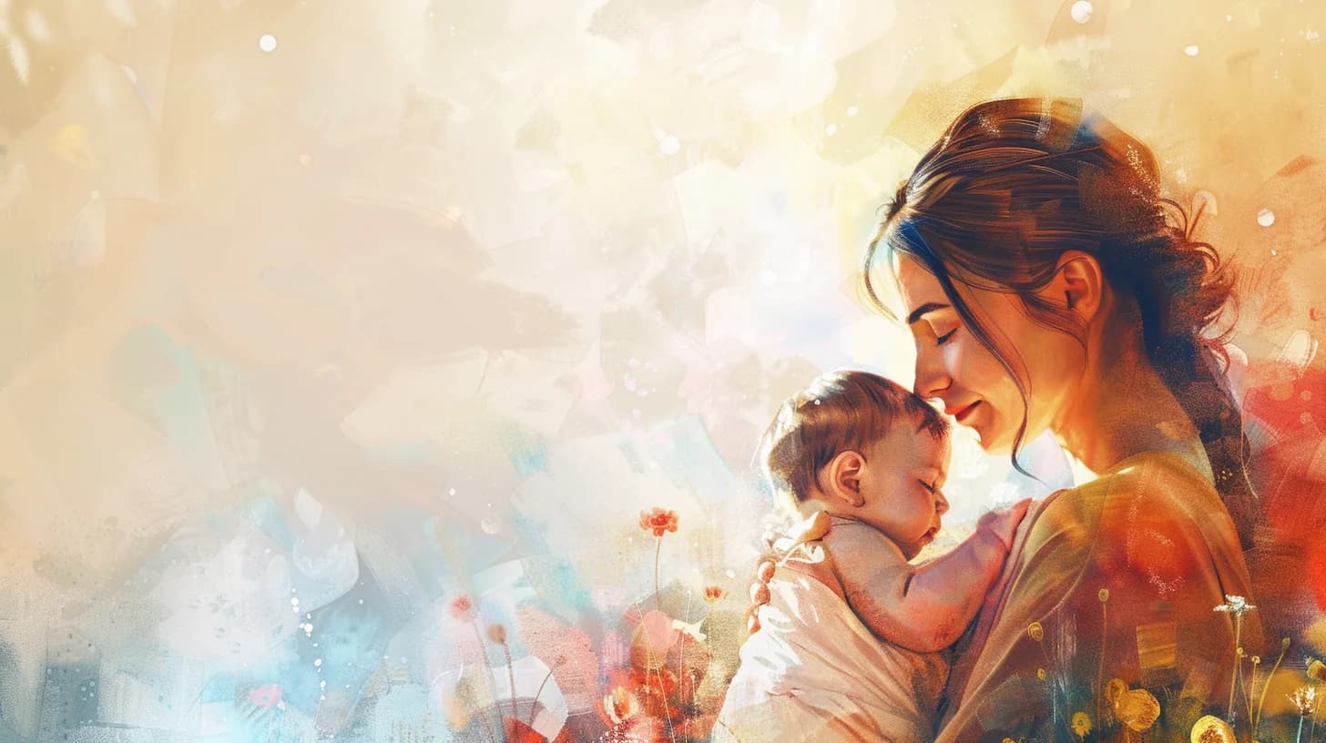 Watercolor of a new mother holding her baby in soft light