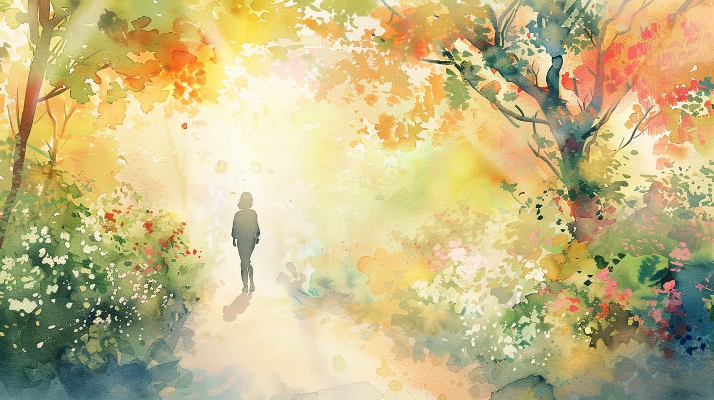 Watercolor of a woman walking a calm nature path