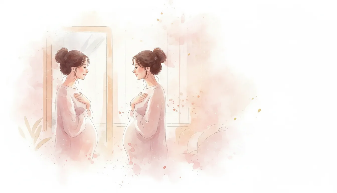Postpartum mother regarding herself in the mirror with gentle acceptance, hand over her heart