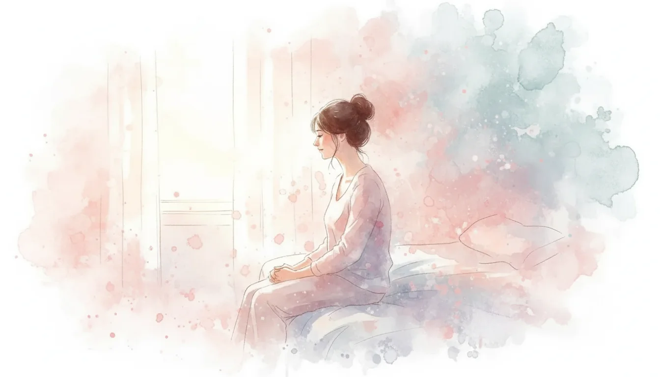 Tired mother sitting on the edge of her bed in soft morning light, baby monitor on the nightstand