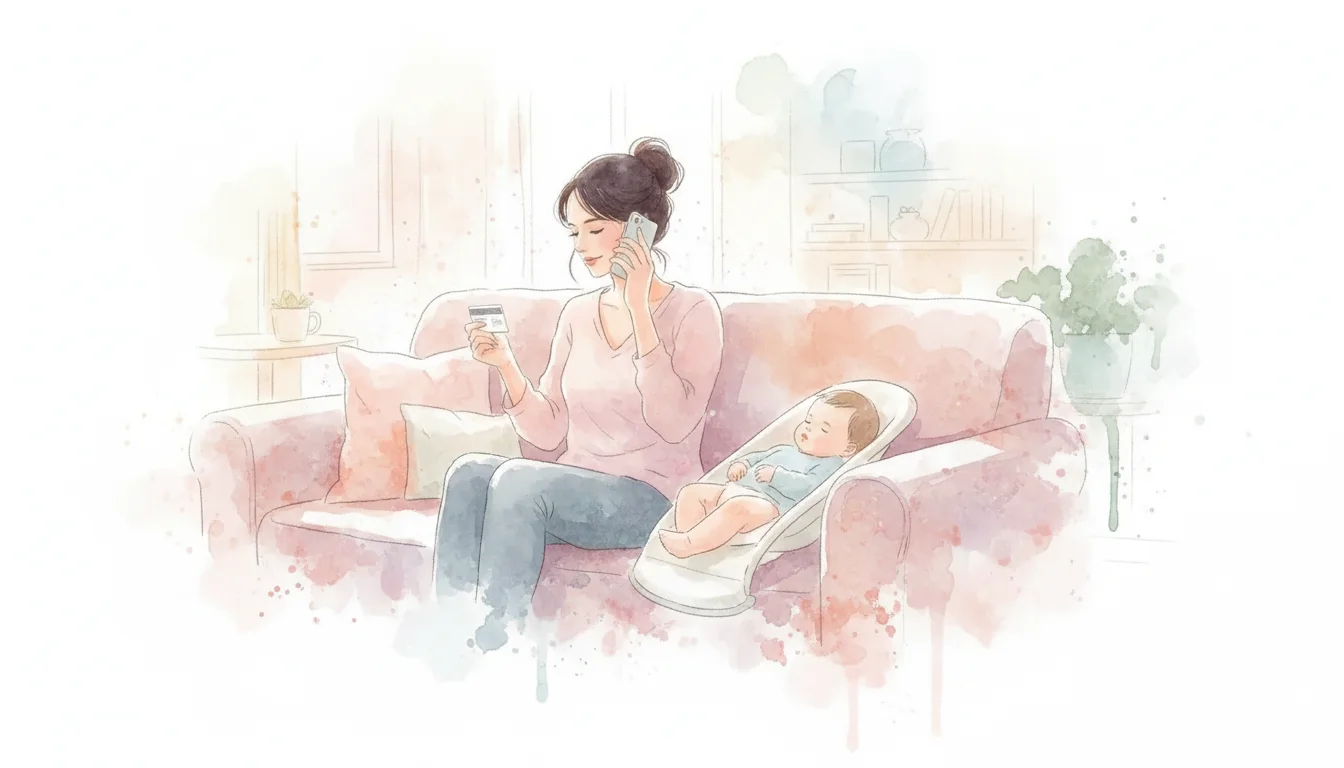 New mother on the phone with her insurance company, holding her insurance card, with her baby resting nearby