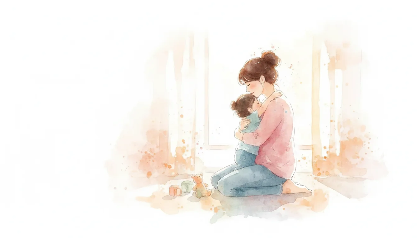Mother embracing her young child in a tender moment of forgiveness and reconnection