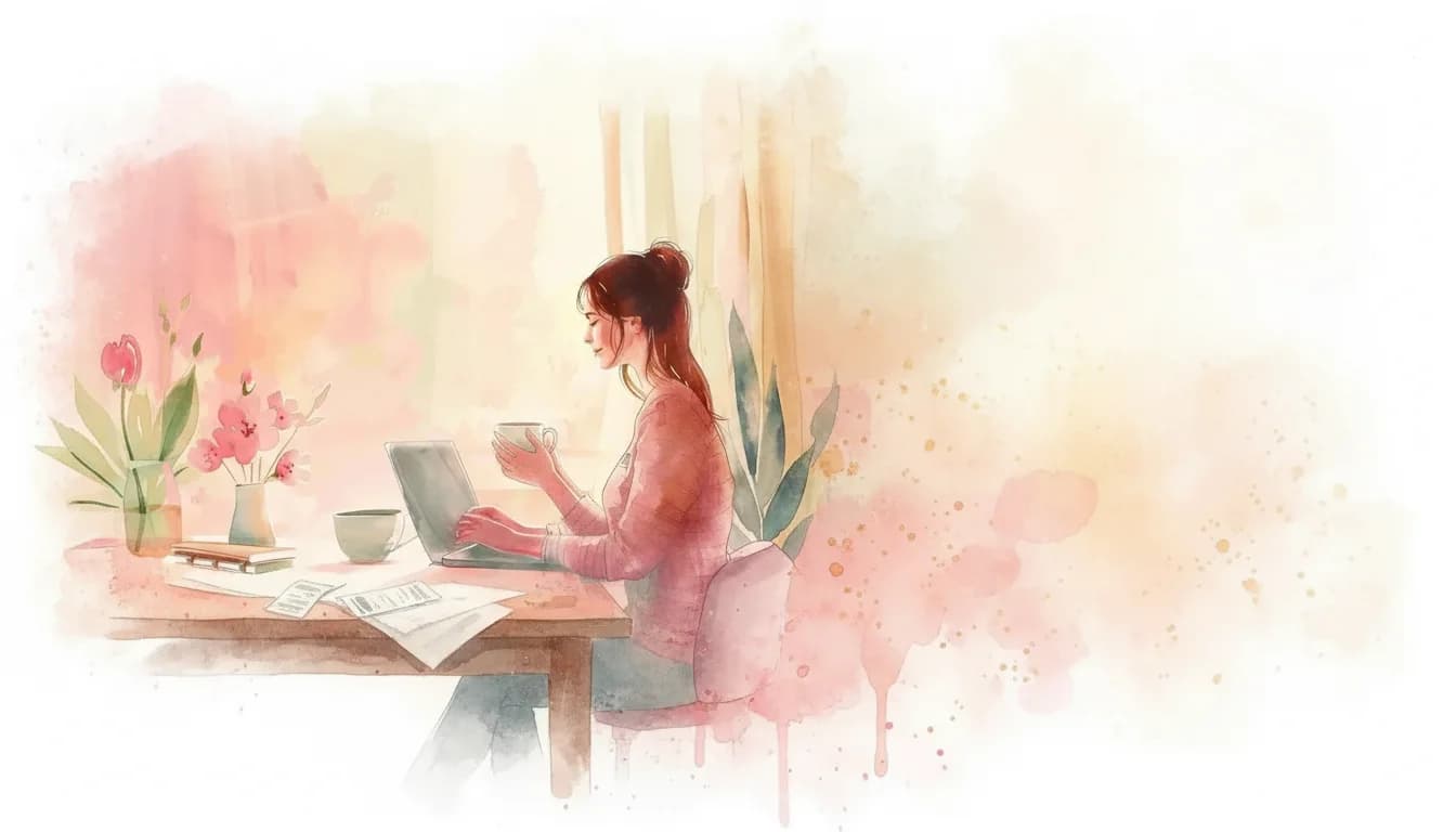 New mother at a kitchen table reviewing therapy costs and paperwork on a laptop