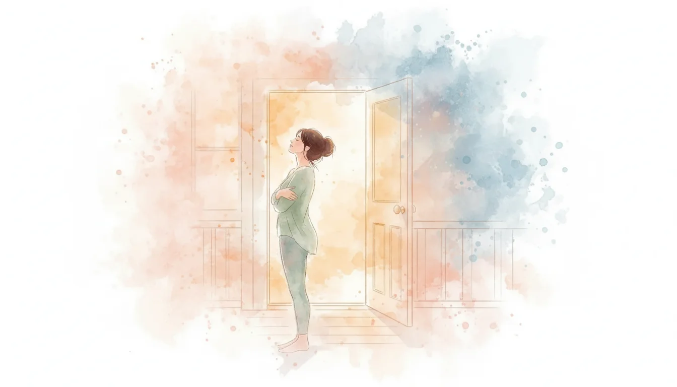 Mother taking a quiet breath alone on the porch at dusk, wrapping her arms around herself, toys visible inside